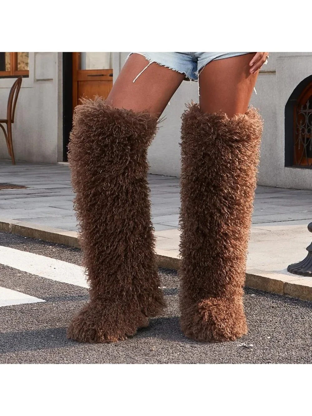 Women's Brown Shaggy Faux Furry Fuzzy Fluffy Flat Knee-High Slouchy Snow Boot